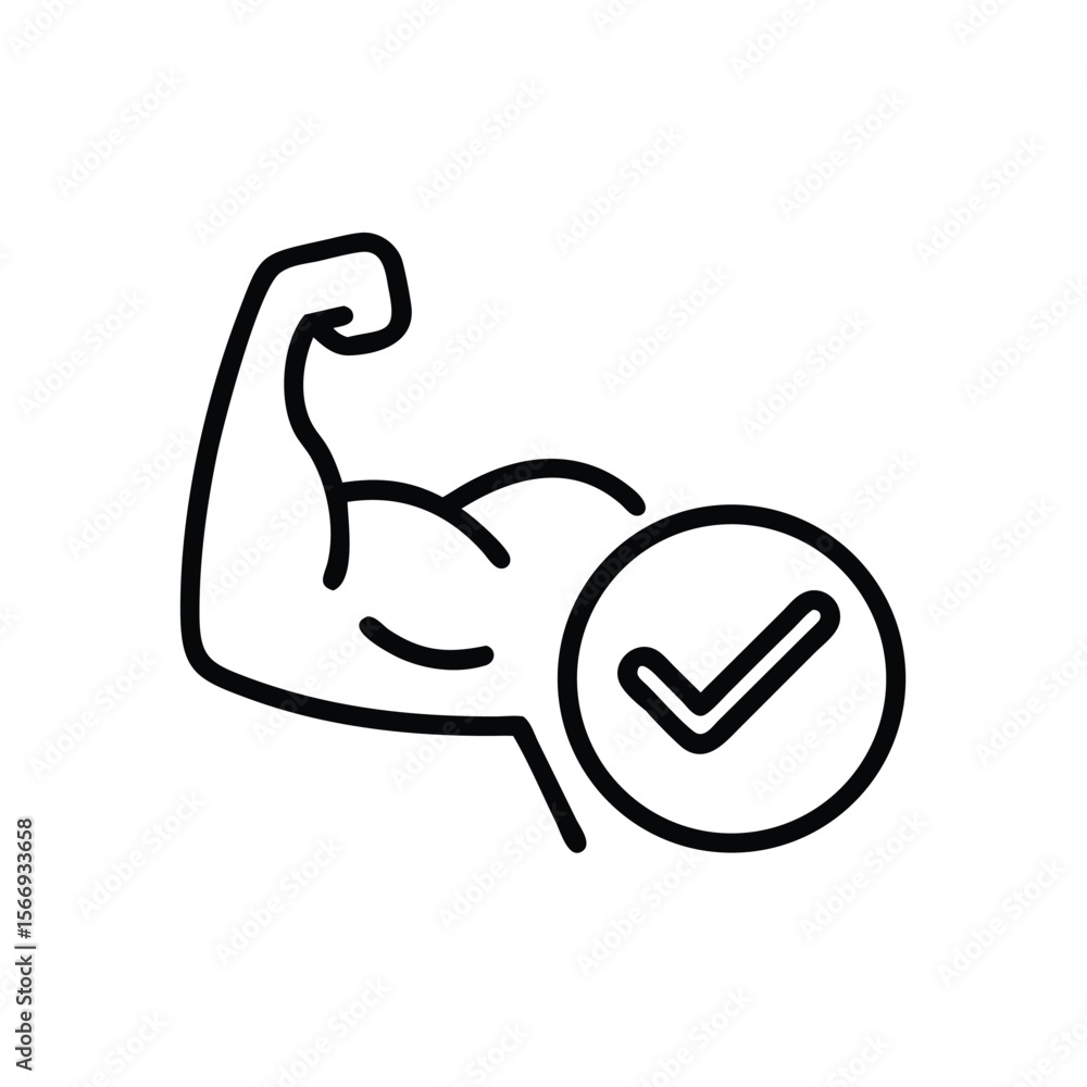 Poster outline a flexed arm with a check mark symbol inside a circle bicep muscle