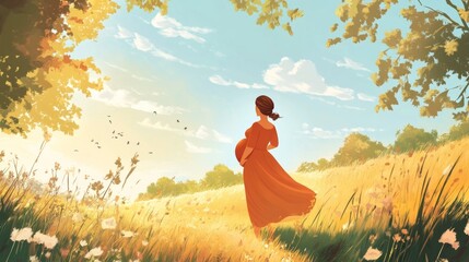 Pregnant girl in dress, nature walk.