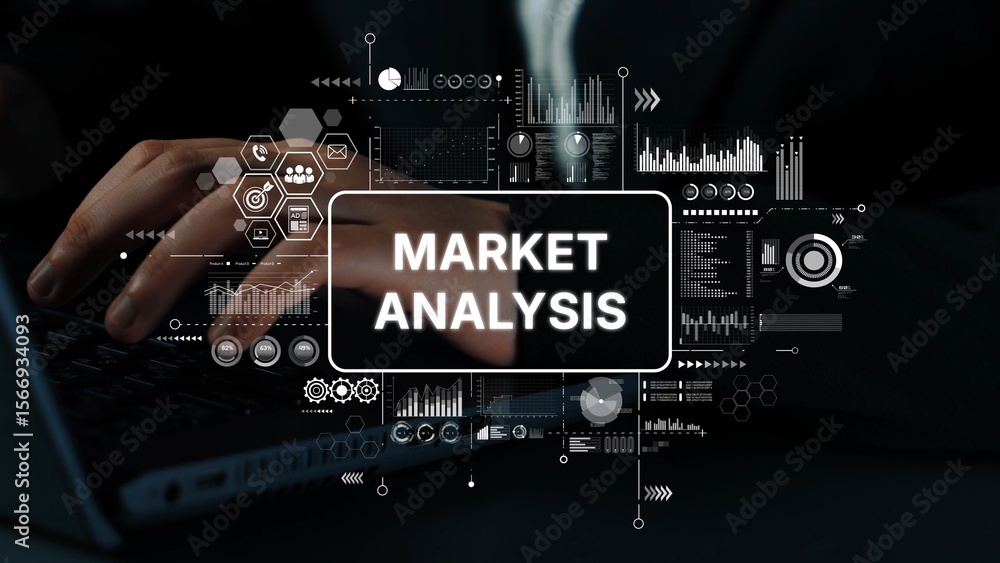Fototapete Hands Typing on Laptop with Market Analysis Graphics and Data Visualizations Overlay for Business Insights. Asymptotic smart data analytic.