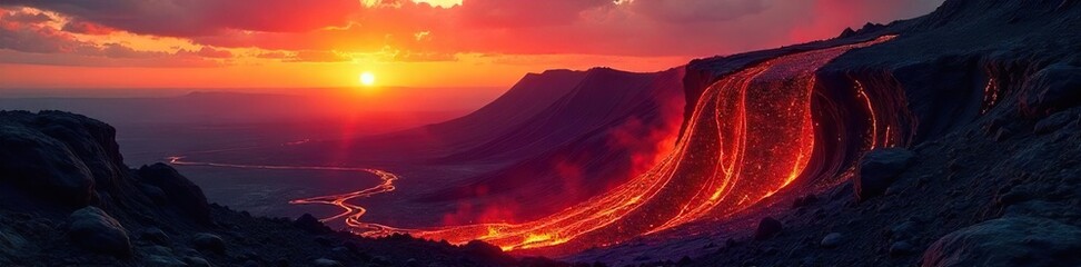 Dramatic Fiery Sunset Landscape Molten Lava Flowing Down Volcanic Slope