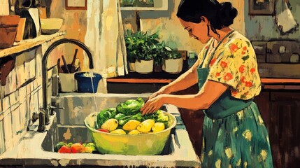 Home: Woman cleaning vegetables in sink.