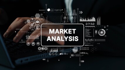 Hands Typing on Laptop with Market Analysis Graphics and Data Visualizations Overlay for Business Insights. Asymptotic smart data analytic.