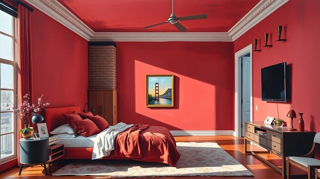 A modern design bedroom interior, trending architecture in red color scheme