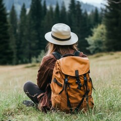 Woman with backpack sits in grass.