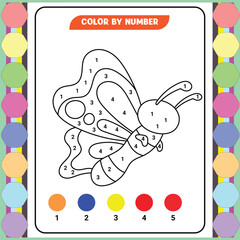 Color by number game for kids. Coloring page with a cute bee. Printable worksheet with solution for school and preschool. Learning numbers activity. Vector illustration