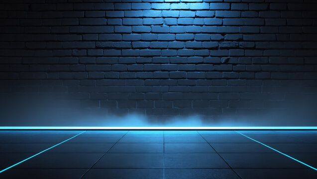 Dark background. Blue bricks wall and floor with led light lines