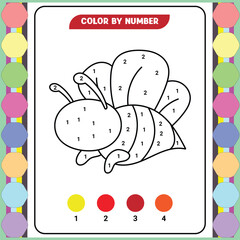 Color by number game for kids. Coloring page with a cute bee. Printable worksheet with solution for school and preschool. Learning numbers activity. Vector illustration