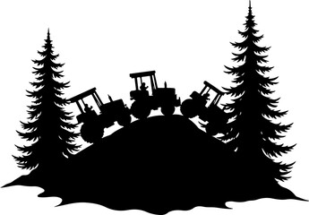 Fototapeta premium Tractors in Mountain Landscape tree , farm, farming, vector bundle