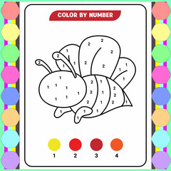 Color by number game for kids. Coloring page with a cute bee. Printable worksheet with solution for school and preschool. Learning numbers activity. Vector illustration