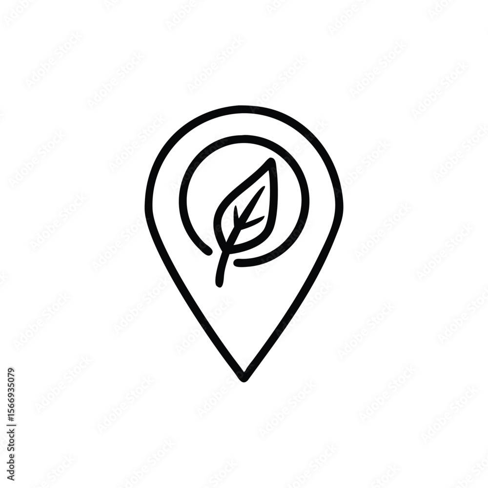 Poster line art location pin with leaf inside circle symbol on marker