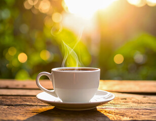 Fototapeta premium Steaming hot coffee in white ceramic cup with rising steam