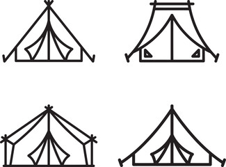 Collection of four simple line art camping tent icons isolated on transparent background