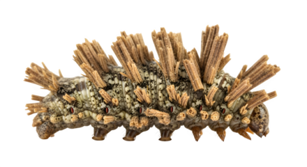 Close up of a bagworm moth larva caterpillar with sticks for camouflage insect macro wildlife nature on transparent background