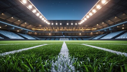 Night Football Stadium Illuminated Field, Ready for Game