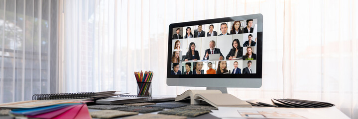 Business people on video conference for brisk virtual group meeting of corprate business office...