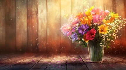 Flower shop: lovely bouquet, wooden backdrop.