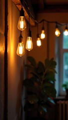 Cozy Rustic Interior with Warm Edison Bulb String Lights Casting Soft Glow