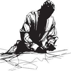 Continuous one-line drawing of a tailor measuring fabric, minimalist and black-and-white only