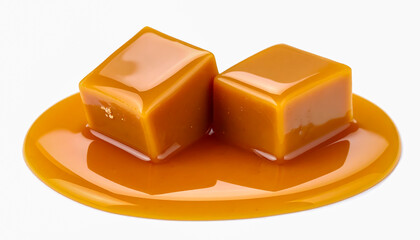 Caramel cubes melting into golden syrup on white surface