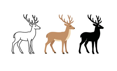 Fototapeta premium Deer silhouette trio: outline, full-color, and black silhouette illustrations