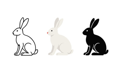 Minimalist rabbit illustrations: black, white, and gray bunnies in simple silhouette styles