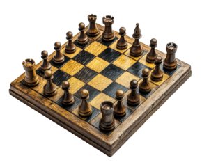 Chess game setup space board game focused top view isolated on transparent background
