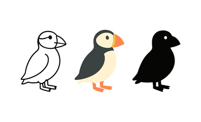 Puffin art stages: outline, color, silhouette - creative evolution of bird illustration