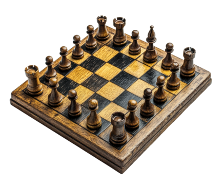 Chess game setup space board game focused top view isolated on transparent background