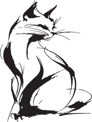  Elegant and abstract one-line drawing of a sitting cat, black-and-white only