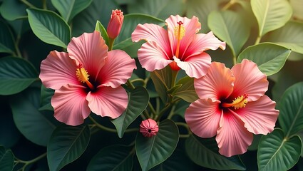 Close-up of vibrant pink hibiscus flowers in a lush garden setting.