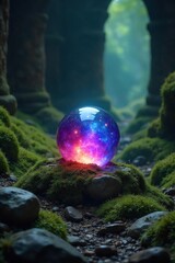Enigmatic crystal orb rests within ancient, moss-covered ruins, emitting a soft, ethereal glow Secrets and untold power are held within its mystical embrace , magic, holy
