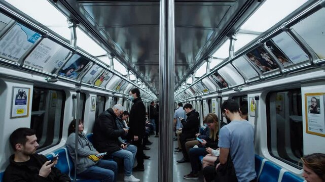 Subway car interior reveals passengers engrossed in their smartphones, highlighting the prevalence of mobile technology in daily commutes and urban life