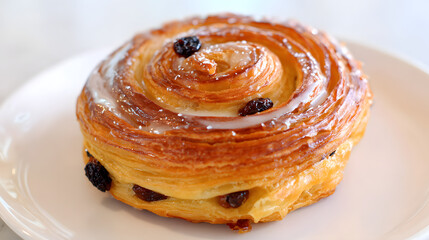 Delicious spiral pastry with raisins drizzled in sweet glaze on a white plate, perfect for breakfast