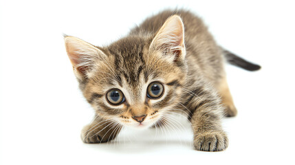 Obraz premium Clingy kitten climbing invisible object, needing attention, white background
