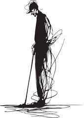 Elegant black-and-white continuous line art of a janitor with a mop, minimalist and abstract.