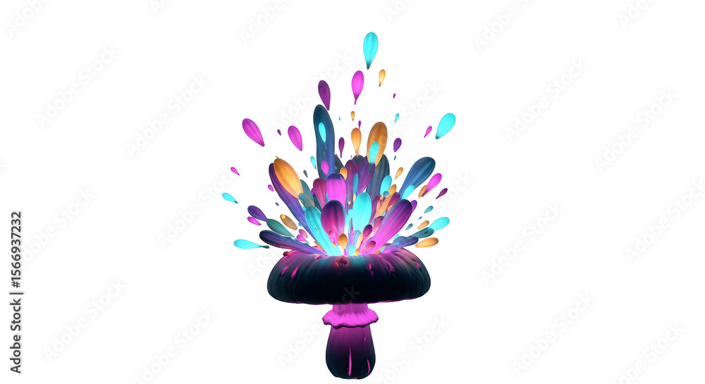 Poster abstract illustration of a mushroom-like structure with glowing multicolored light burst against a b