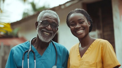 Smiling senior helped by young, caring nurse.