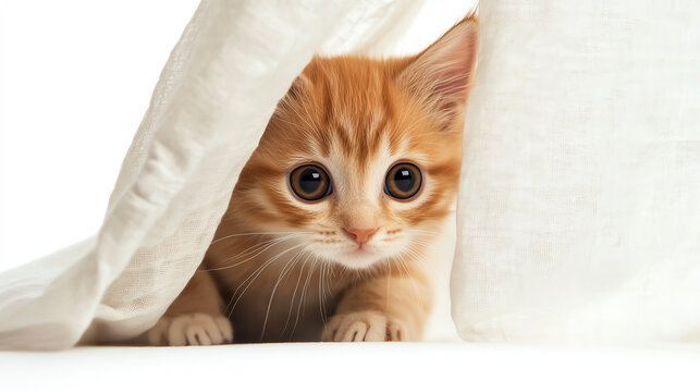 Kitten hiding behind invisible curtain, shy and curious emotion, white background - Powered by Adobe