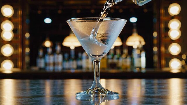 Clear liquid pouring into gold chained martini glass on marble bar top, highlighting sophisticated nightlife ambiance with warm lighting and liquor display