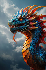 A close-up of a mythical dragon head with colorful scales and intense orange eyes