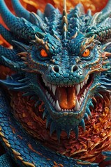 A close-up of a mythical dragon head with colorful scales and intense orange eyes