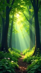 Sunlit Summer Forest Tranquil Woodland Scene with Dappled Light Illuminating Lush Green Undergrowth