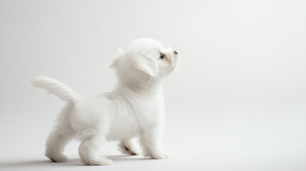 Fototapeta premium Puppy playbowing with raised tail, invitation to play, clean white