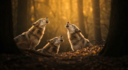 Three Wolves Howling in Golden Forest Light, Dramatic Wildlife Scene