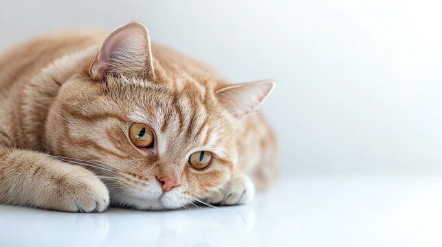 Sad cat lying down with head resting on paws, emotional concept, on white
