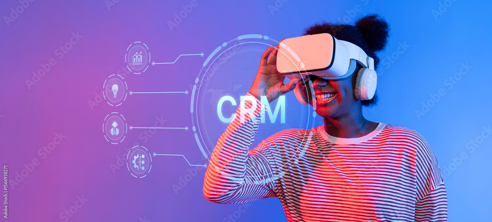 Poster a joyful woman wearing a vr headset interacts with a digital crm interface, showcasing the fusion of