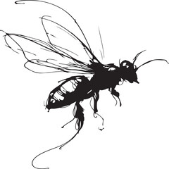 Elegant black-and-white one-line drawing of a bee in flight, minimalist and abstract.
