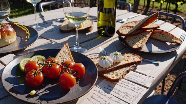 Elegant brunch table setting amidst a napa valley vineyard, featuring fresh tomatoes, toasted bread, cheese, white wine, and a handwritten menu, creating a serene and inviting ambiance