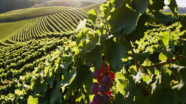 Verdant vineyard rows bathing in golden sunlight, revealing lush red grapes ripening across rolling napa valley terrain, signaling imminent harvest season