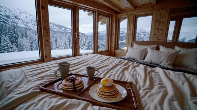 Warm sunlight bathing wooden tray with pancakes and coffee near large windows, revealing snow covered mountain landscape inside cozy wooden cabin bedroom